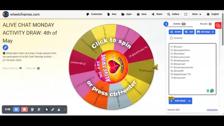 🎡 Wheel Spin Time! Let’s draw 5 lucky winners from our participants of ALIVE CHAT Monday Activity – (27-29 April, 2026)