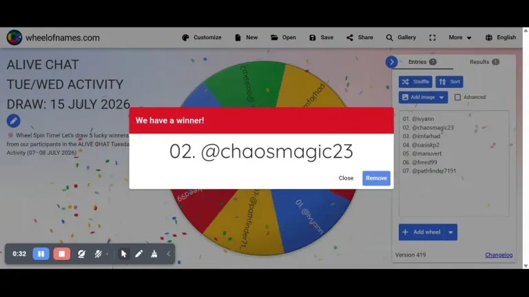 ALIVE CHAT TUE/WED ACTIVITY DRAW: 15 JULY 2026:🎡 Wheel Spin Time! Let’s draw 5 lucky winners from our participants in the ALIVE CHAT Tuesday Activity (07–08 JULY 2026)