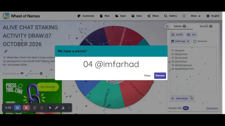 Congratulations to the winners of Last Week's (01-04 October, 2026) ALIVE CHAT staking activity. 