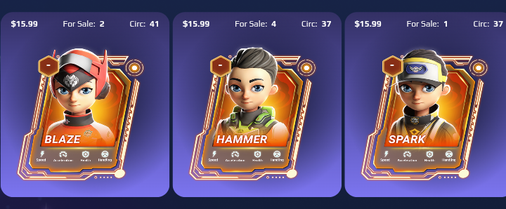 Moonkarts Legendary Drive Blaze, Hammer, and Spark Card NFT .