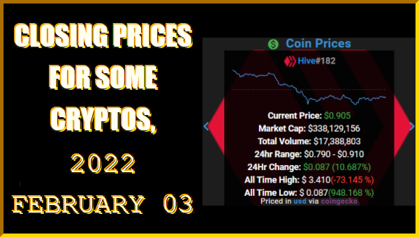 Closing Prices for Some Cryptos, 2022 February 3