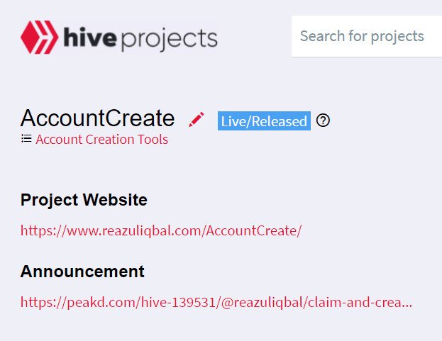 Hive AccountCreate HiveProjects page