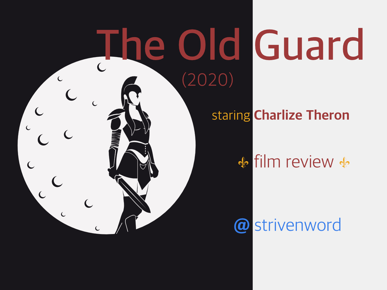 Cover art for a review of the Old Guard featuring a silhouette of an amazon warrior woman standing in front of the full moon