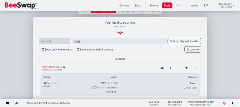 Investment in Beeswap pool - Pair PIMP:THGAMING - week 29