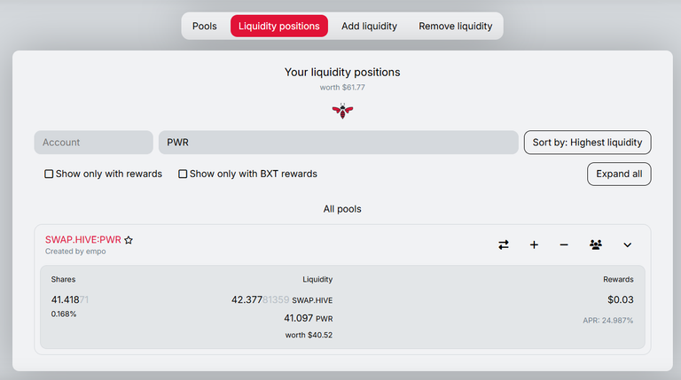 Investment in Beeswap pool - Pair SWAP.HIVE:PWR - week 33