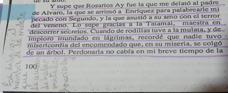 Imagen 7: Declaración de la protagonista que ilustran sus deseos de venganza y muerte contra la mulata esclava Rosarios Ay (Valdivieso 100).