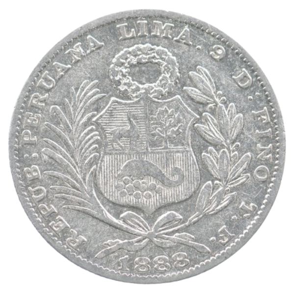 Old Silver Peruvian  1/5 Sol Coin From 1888