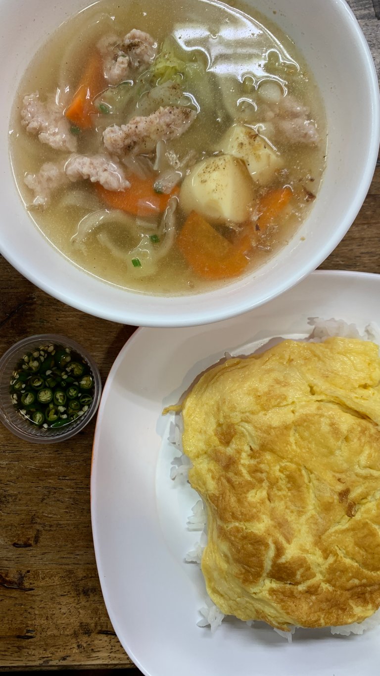 ## Breakfast
A simply vegetables soup and omelet with rice makes the p ...