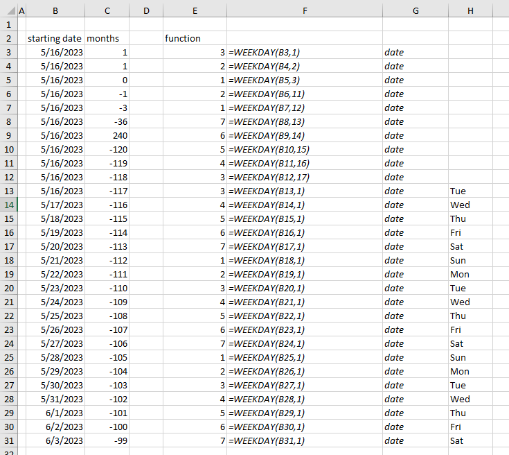 WEEKDAY function examples