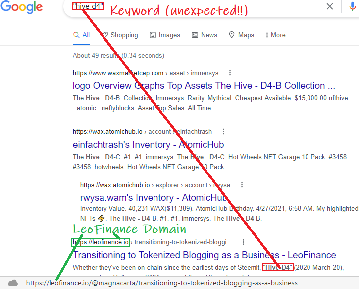 Edited screen capture of Google Page 1 Search Engine Results Page for keyword 'hive-d4'