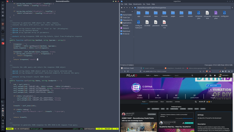Screen of one of my Desktop screen with PeakD, File explorer and Vim
