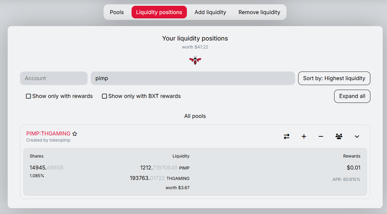Investment in Beeswap pool - Pair PIMP:THGAMING - week 106