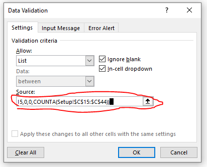 dynamic dropdown formula in excel ignoring blanks