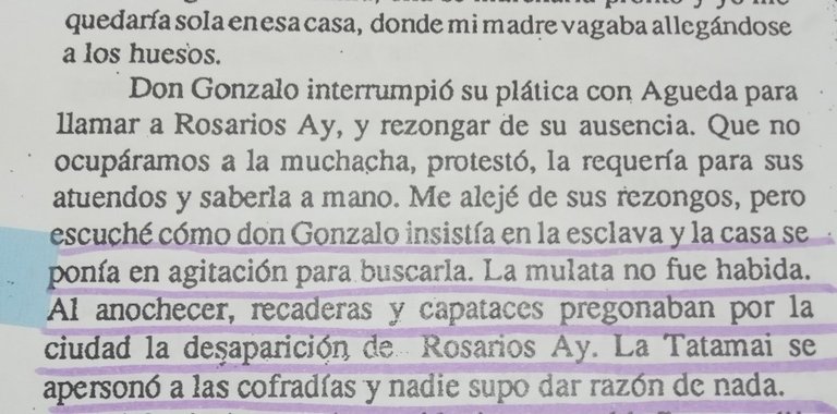 Imagen 8: Narración en voz de la protagonista que evidencia la desaparición de la mulata esclava Rosarios Ay la noche de la despedida de su hermana, Agueda de los Ríos Lisperguer al partir a España, luego de su casorio. La misma había quedado confinada exclusivamente al servicio de Gonzalo, padre de Catalina de los Ríos Lisperguer (Valdivieso 102).