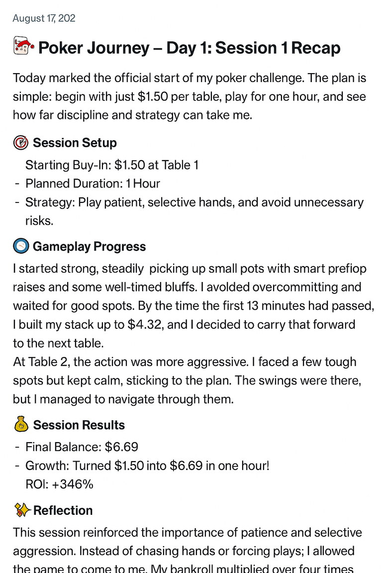 🃏 Poker Journey – Day 1: Session 1 Recap