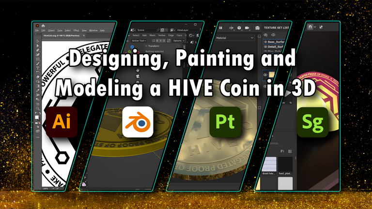 Screenshots of four applications used to create a HIVE coin in 3D: Adobe Illustrator, Blender, Substance Painter and Substance Stager