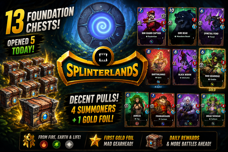 Splinterlands - Opening 5 Foundation Packs, Won 4 Summoners and a Gold Foil Card, A Long Low Mana Cost Battle