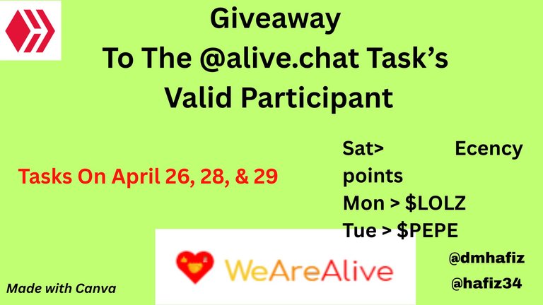 Giveaway To The @alive.chat Task’s Valid Participants [Tasks On April 26, 28, & 29]