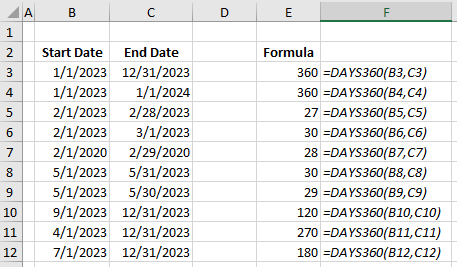 DAYS360 function examples