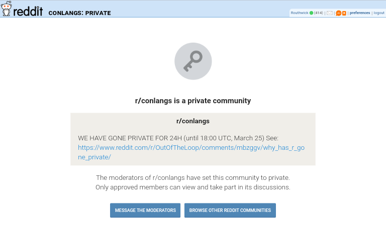 Blackout message at r/conlangs, 24/3/2021