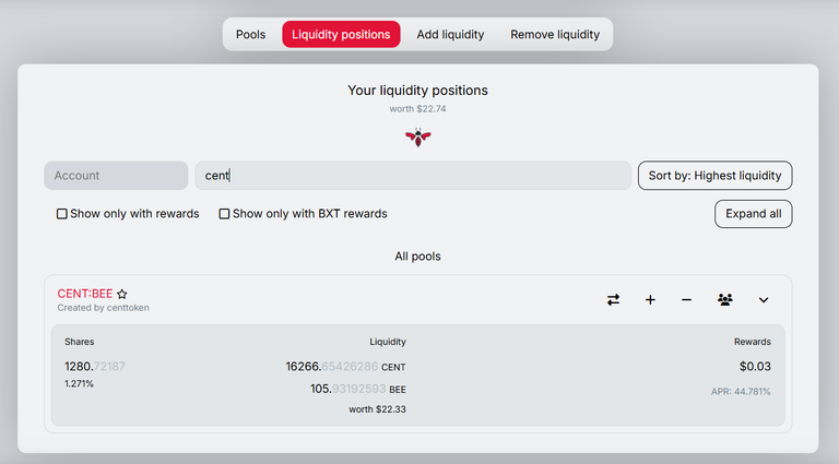 CENT Liquidity Pools ~ CENT/BEE ~