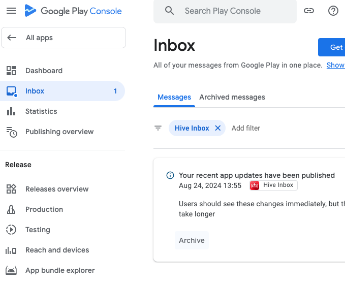 Hive Inbox - 1.1.0 (9) - Google PlayStore Update available 