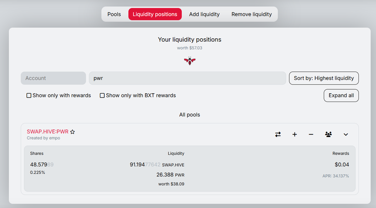Investment in Beeswap pool - Pair SWAP.HIVE:PWR - week 63