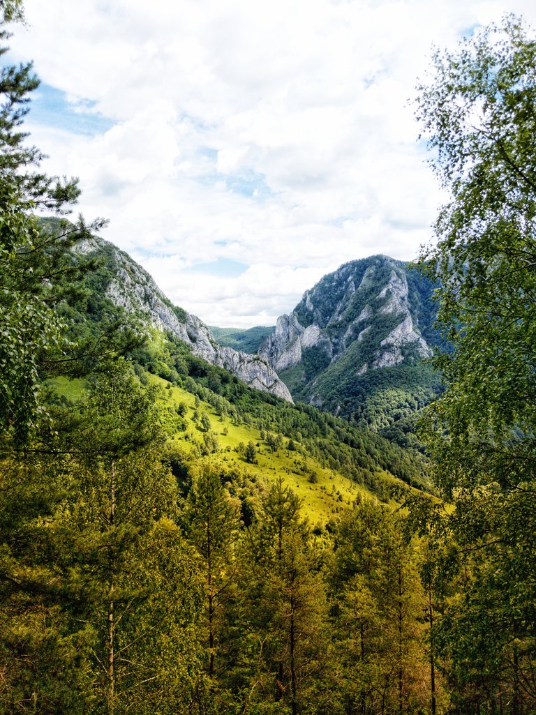 mountain peaks, blue sky and green hills mostly with pine trees