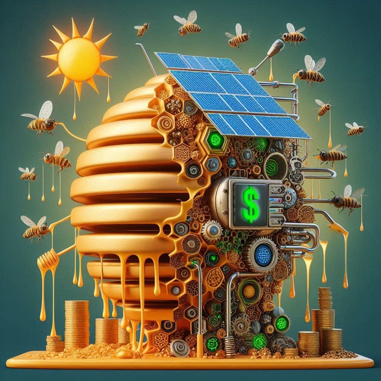 Bing Create AI image prompt: energy harvesting biomechanical beehive engine matrix oozing $honey