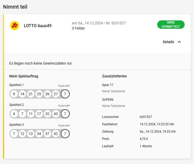 Unser Advent-Lottoschein  für  Samstag 14.12.24 schon mehr als 117 Hive im Pot!