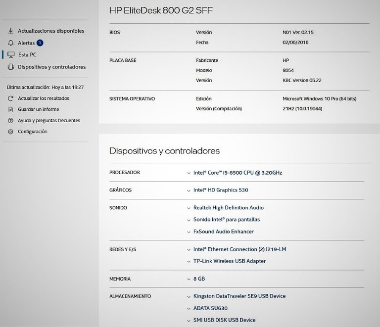 Capture de la configuracion segun el asistente de Intel para Drivers