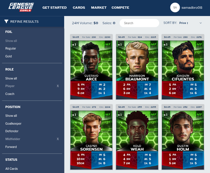 Genesis League Goals Midfielder Players NFT Card.