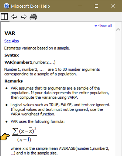 Excel 2003 Help page for VAR()