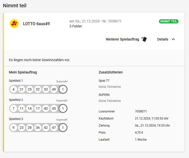 Unser Advent-Lottoschein  für  Samstag 21.12.24 schon mehr als 99 Hive im Pot!