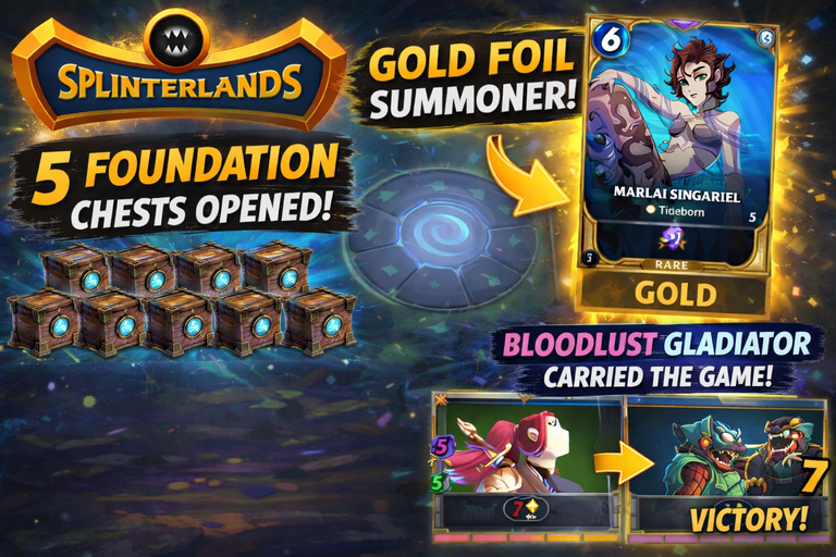 Splinterlands - Opening 5 Foundation Packs, Winning a Gold Foil Summoner and my first battle with Epic Gladiator