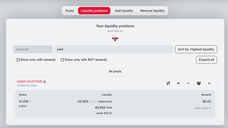 Investment in Beeswap pool - Pair SWAP.HIVE:PWR - week 34