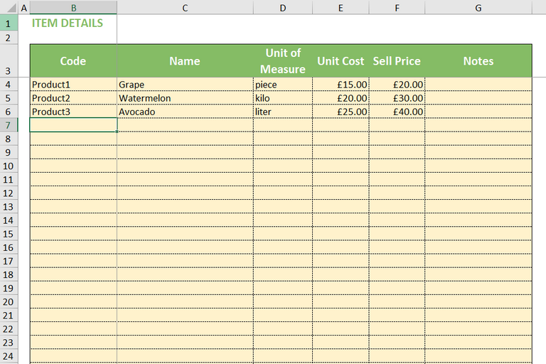 Excel Template for Retail Inventory Management Item Details