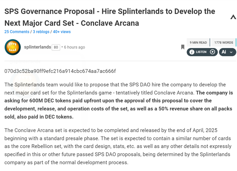 SPS Governance Proposal - Hire Splinterlands to Develop the Next Major Card Set - Conclave Arcana