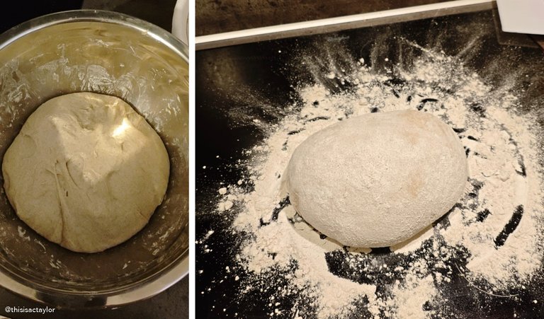 Figs. 14, 15: Taking dough out of bowl and placing it in flour for tucking