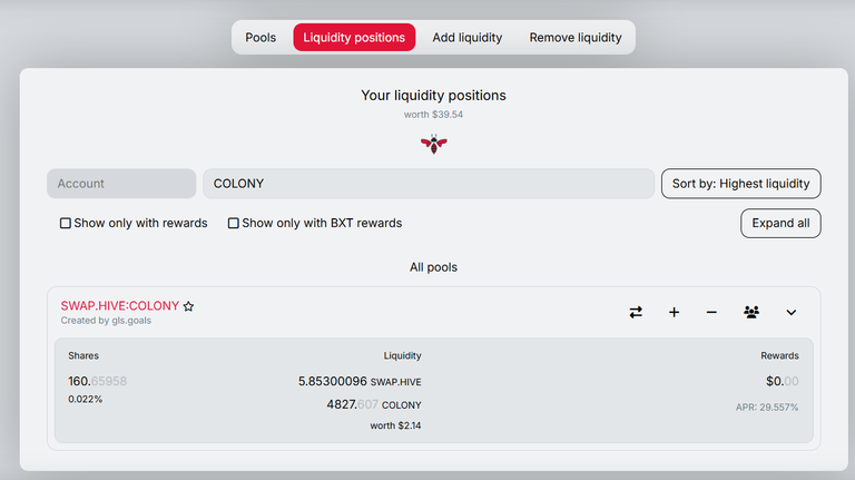 Investment in Beeswap pool - Pair COLONY:SWAP.HIVE - week 10