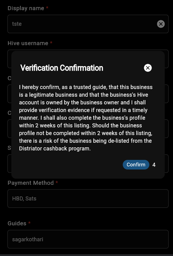 Confirm adding a business