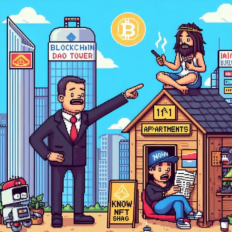 A pixel-art cityscape with blockchain-themed buildings (e.g., ‘DAO Tower,’ ‘DeFi Apartments’), where a frustrated cartoon mayor in a suit points at a lazy hippie student lounging in a tiny ‘1x1 NFT Shack.’ The student holds a ‘KNOW Token’ sign while a robot barista serves coffee nearby. Style: retro 8-bit video game meets crypto memes.