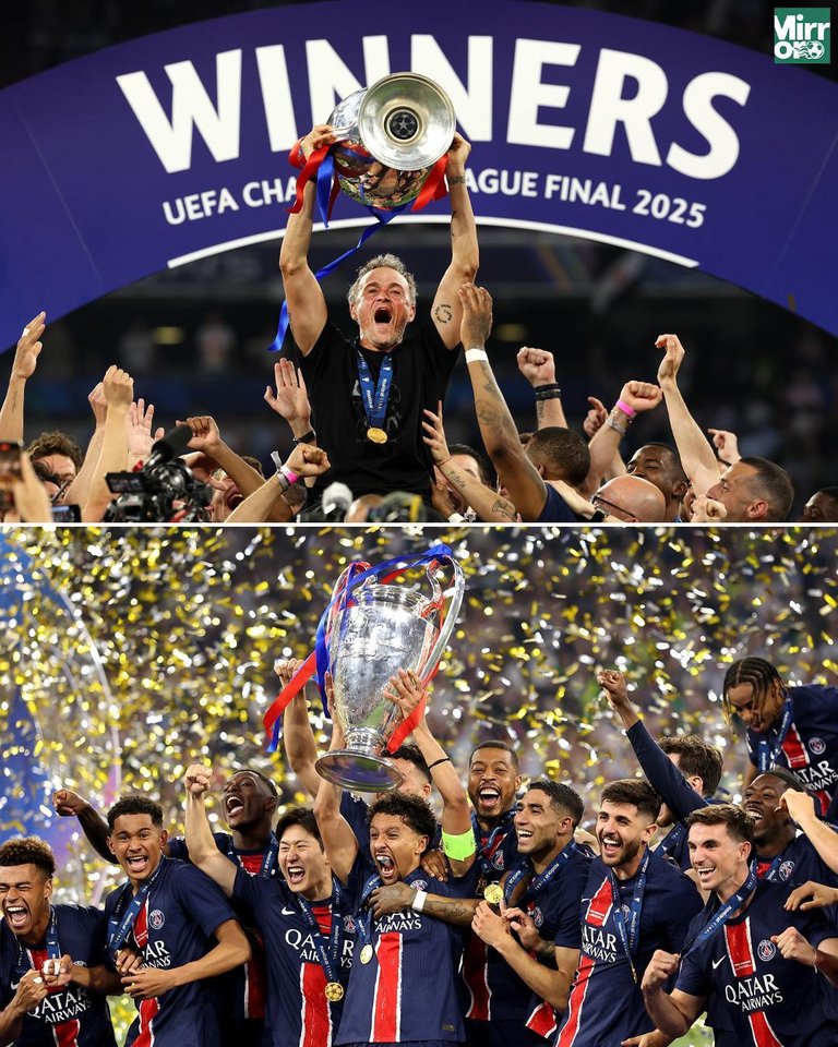 PSG Team Celebrating  trophy after wining champions league  2025 final 