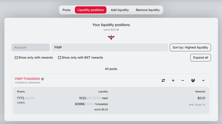 Investment in Beeswap pool - Pair PIMP:THGAMING - week 75