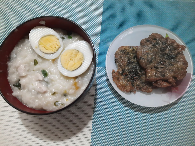 Rice Porridge and Crispy Malunggay or Moringa Leaves Fritters