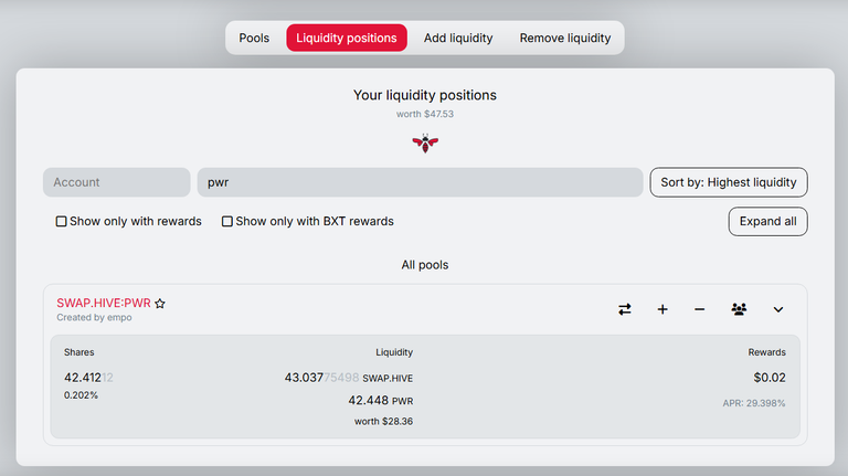 Investment in Beeswap pool - Pair SWAP.HIVE:PWR - week 38