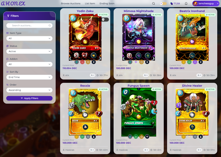 Browsing AHONEX - The Splinterlands Auction House