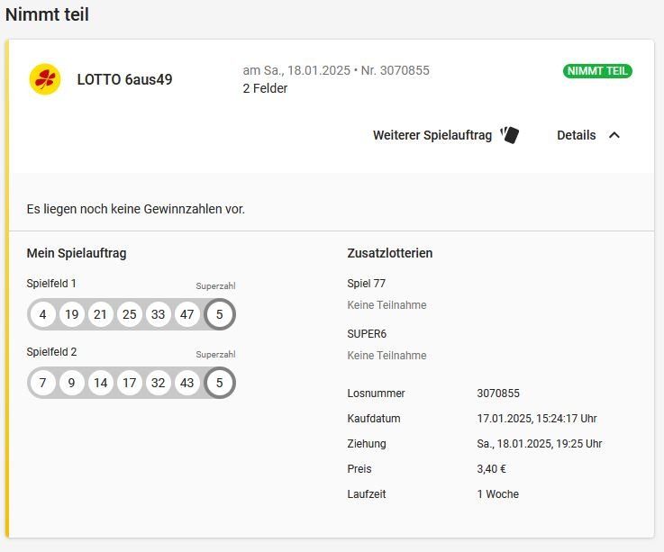 Unser Hive-Lottoschein  für  Samstag 18.01.25 schon mehr als 49 Hive im Pot!