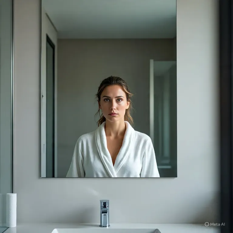 Nina staring at her reflection in the bathroom mirror
