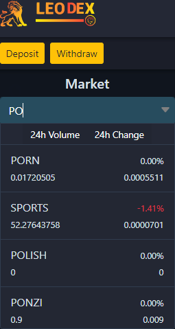 Screen capture of LeoDex dropdown list for token symbols starting with "PO"